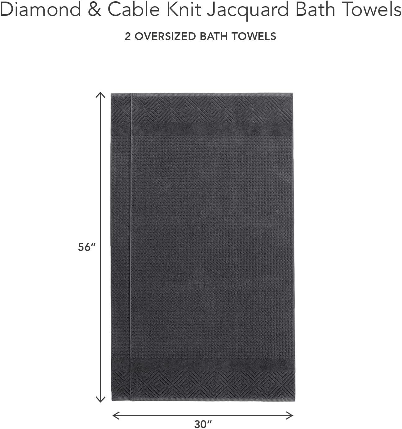 Texere 100% Organic Cotton Diamond Jacquard 700 GSM Luxury Bath Towel Sets - Ultra Soft and Absorbent Hotel and Spa Quality (Diamond, Charcoal, 2 Bath Towels)