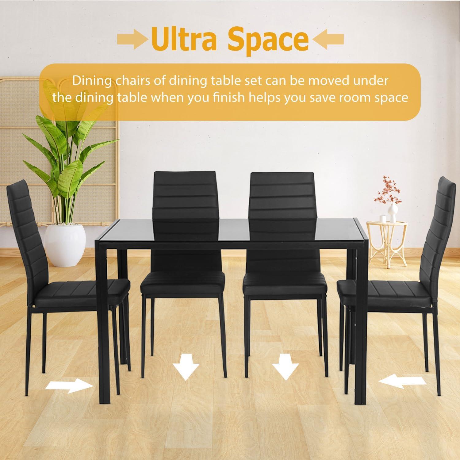 Hekimhan 5-Piece Kitchen Dining Table Set w/ Glass Tabletop, 4 Faux Leather Chairs