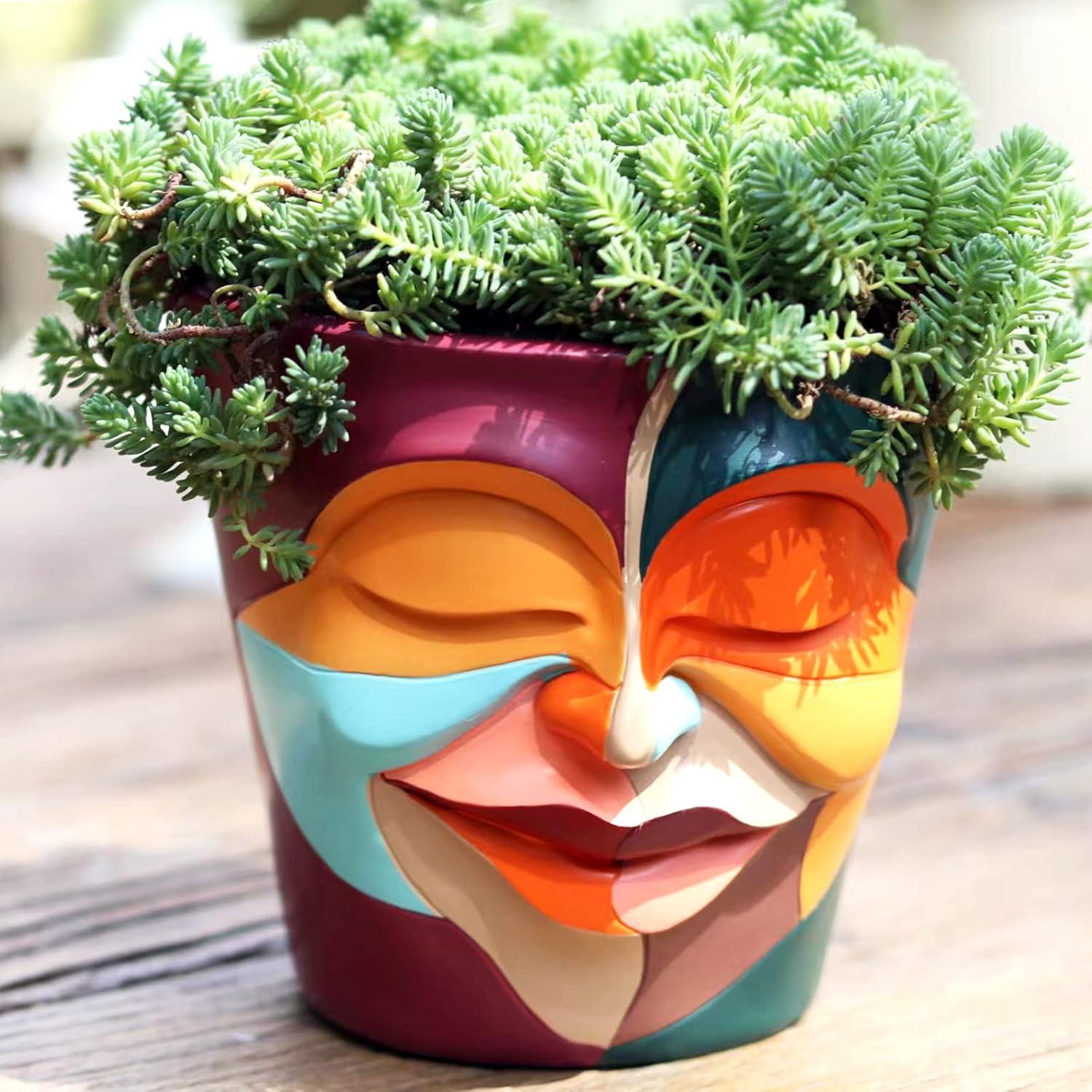 Colorful Abstract Face Planter with Drainage for Indoor and Outdoor Use