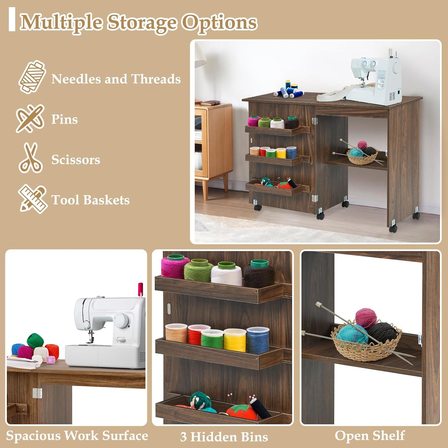 Costway Folding Sewing Craft Table Shelf Storage Cabinet Home Furniture W/Wheels Brown