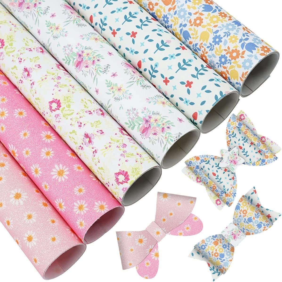 6 Pieces 8x12 Inch (21x30cm) Faux Leather Sheets Flowers Series Sparkle Fine Glitter Daisy Printed Faux Leather Fabric for Bow Earring Making DIY Craft