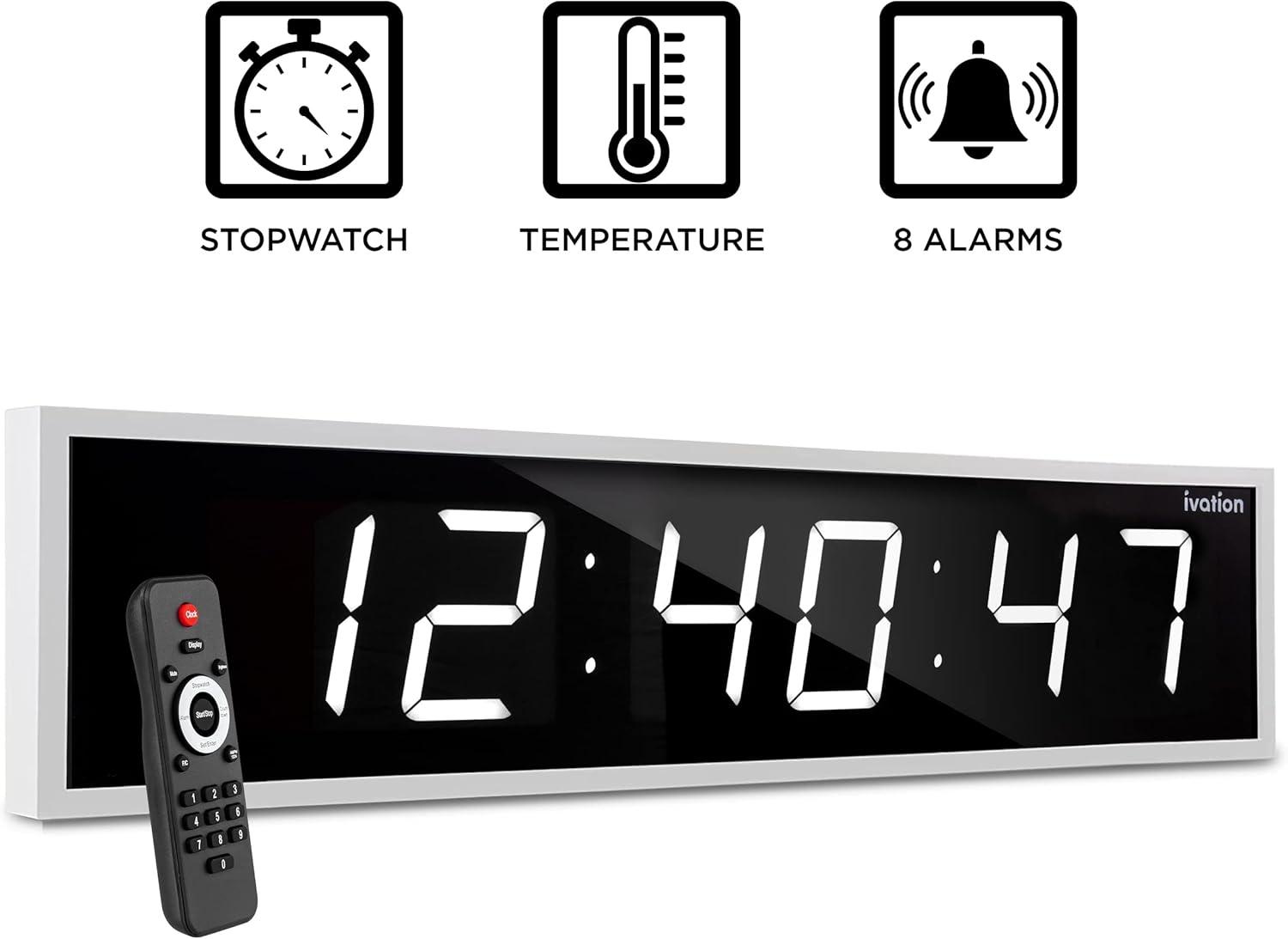 Ivation Large Digital Clock, 60" Led Wall Clock with Stopwatch, Alarms, Timer, Temp & Remote, White