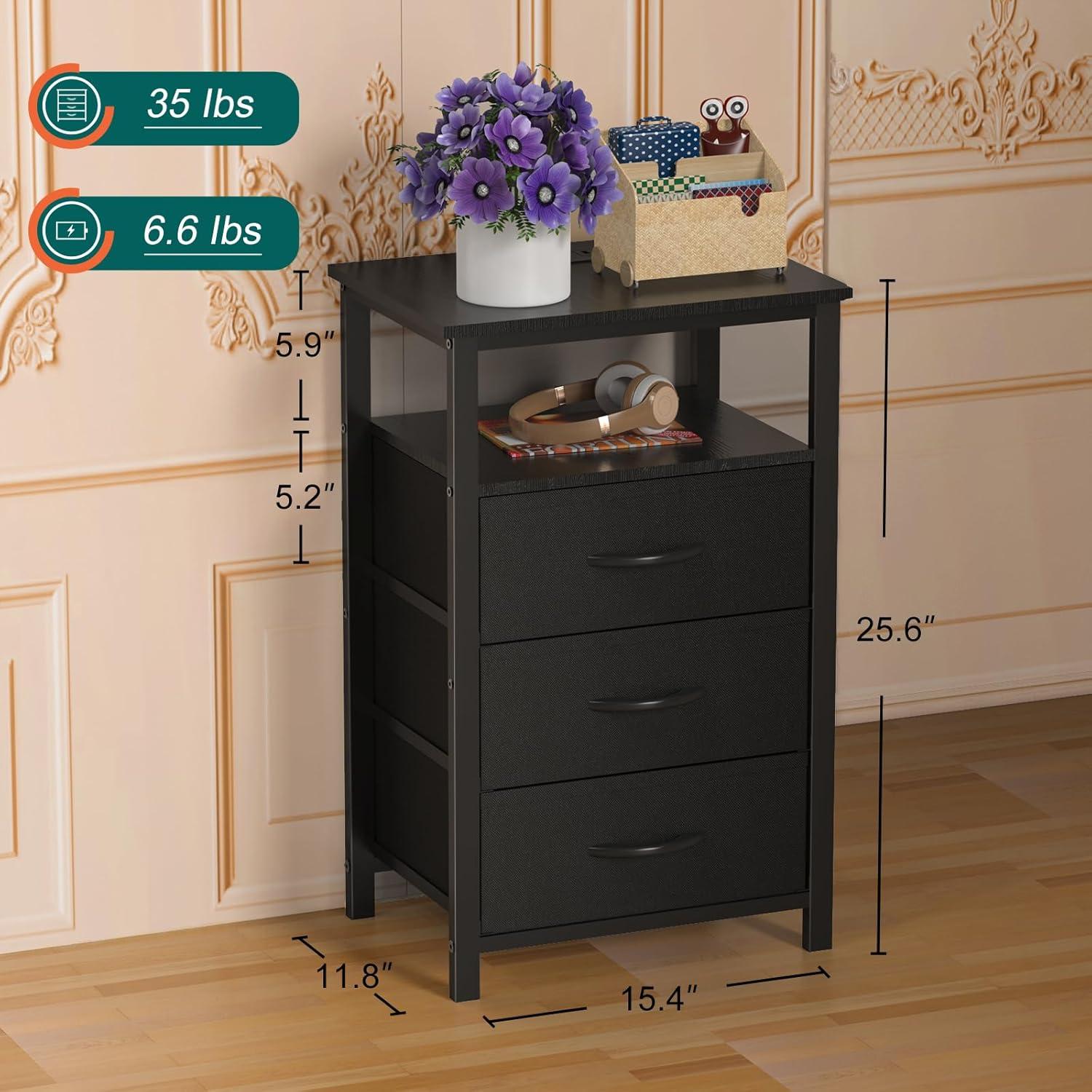 Bestco LED Nightstand End Table with Charging Station & 3 Drawers for Bedroom Black