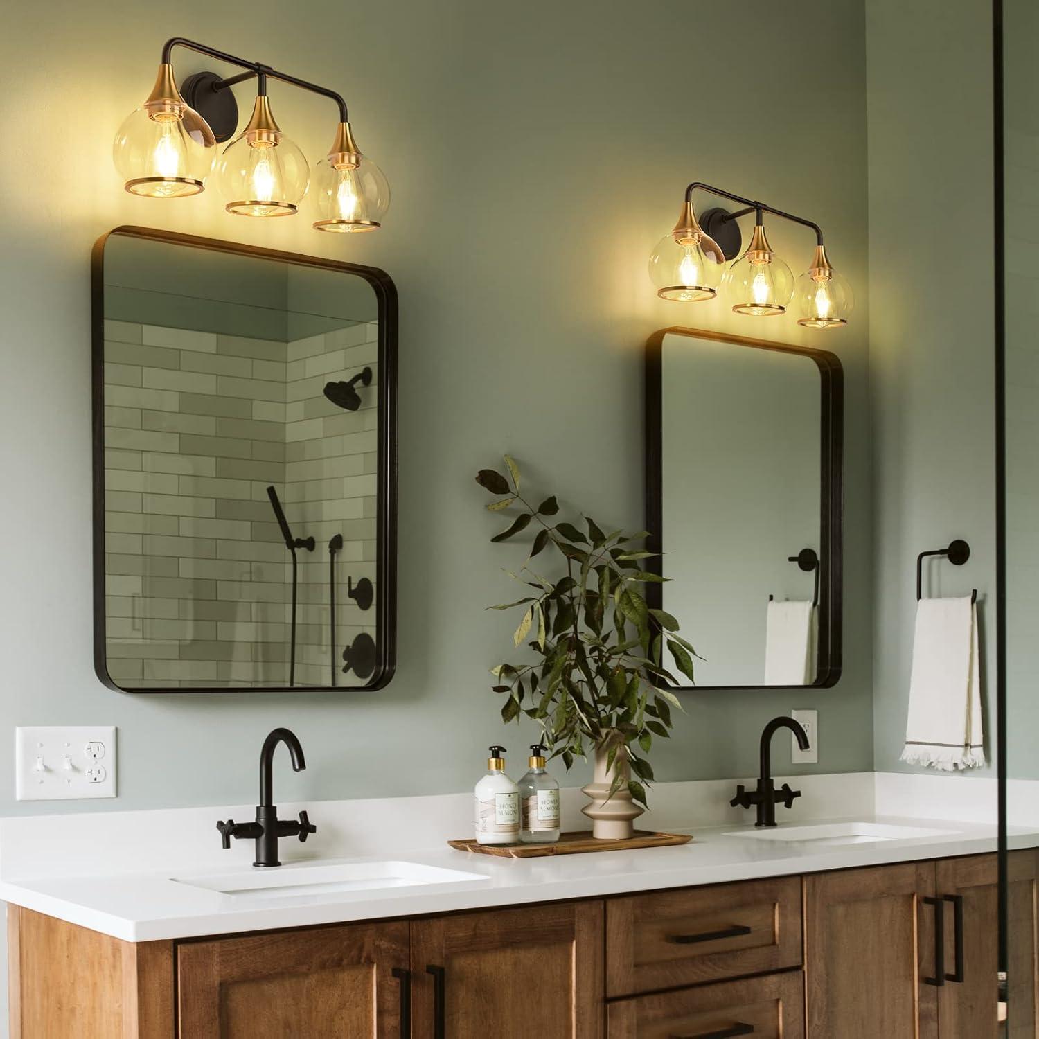 Black and Gold Bathroom Light Fixtures 2-Lights Vanity Lights with Clear Glass Shade Bathroom Vanity Light 14 Inch Wall Sconces(Exclude E26 Bulb)…