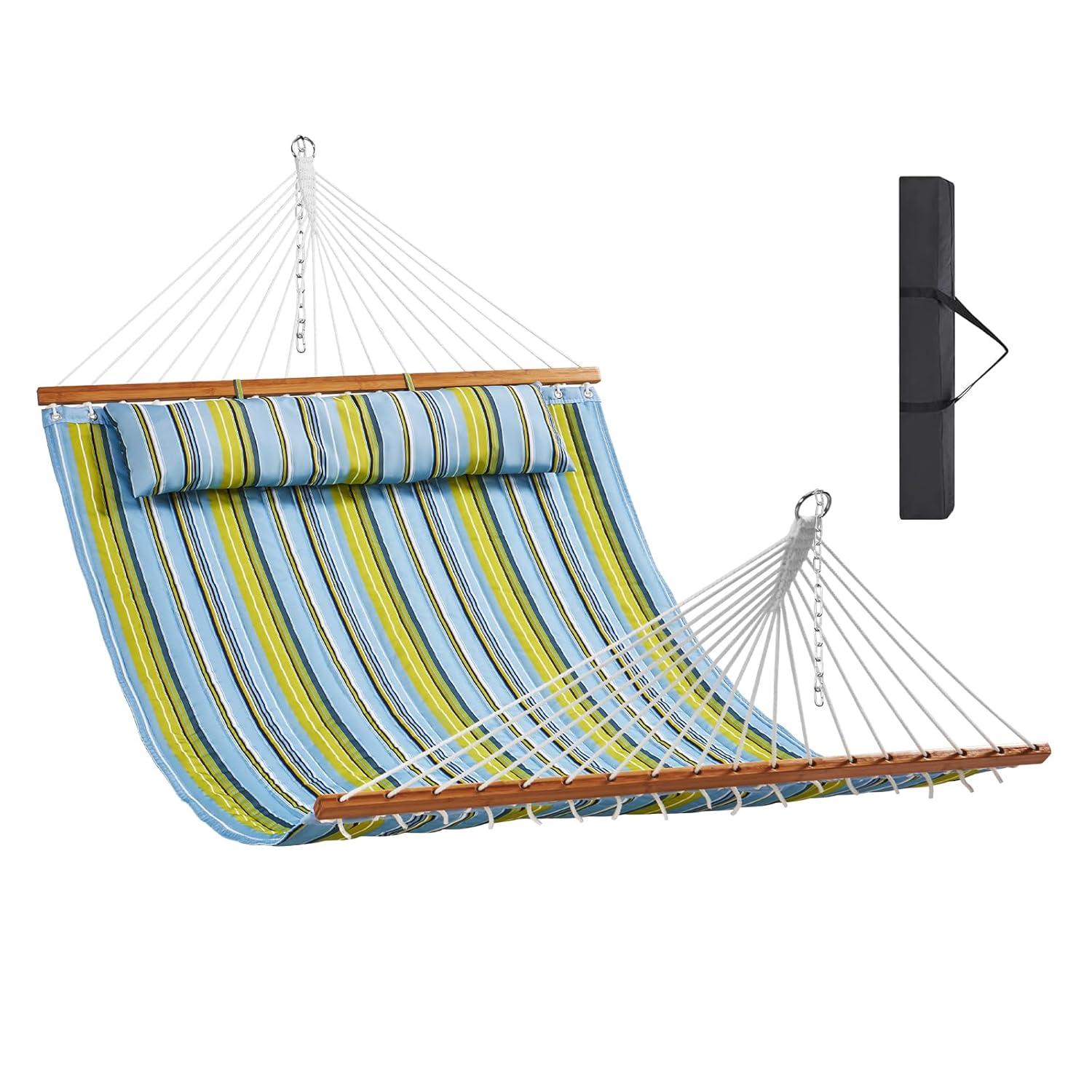 Double Quilted Fabric Hammock 12 ft. Double Hammock with Hardwood Spreader Bars 2 Person Quilted Hammock