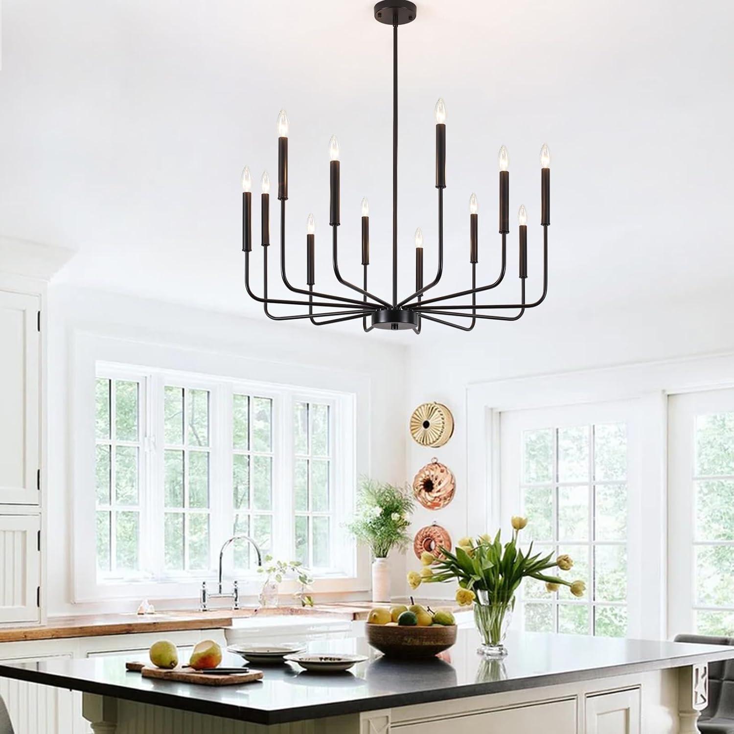 Vikaey Metal Black Chandelier, 12-Light Farmhouse Classic Candle Ceiling Hanging Light Fixture, Rustic Pendant Lighting for Kitchen Island, Dining Room, Living Room, Stair, UL Listed