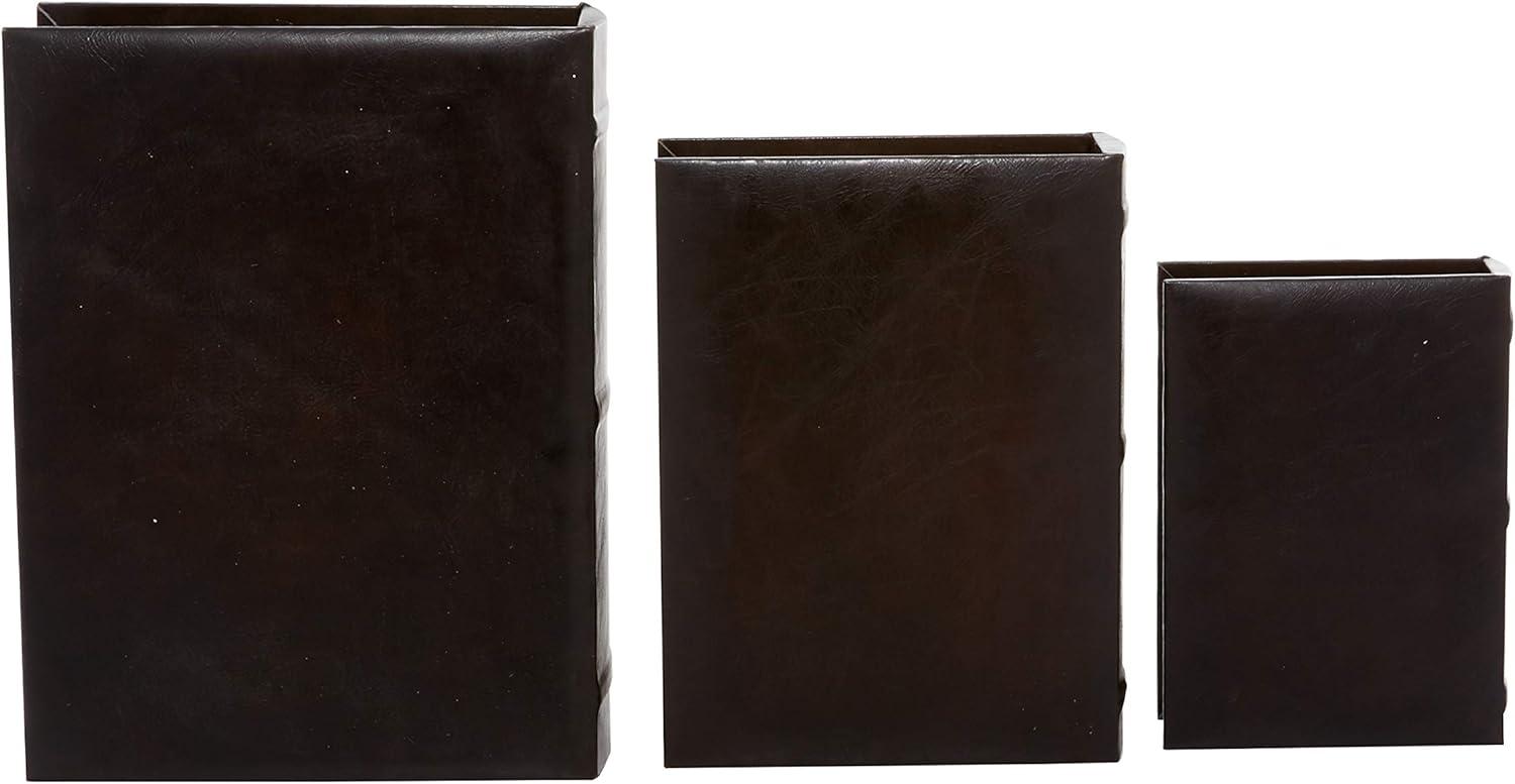 DecMode Vintage Faux Book Storage Dark Brown Faux Leather Decorative Box with Gold Buckle Accents, 3 Count