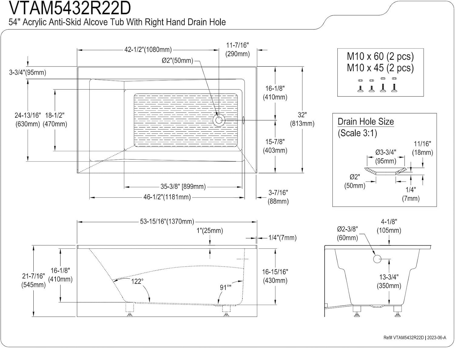 Kingston Brass Aqua Eden 54-Inch Acrylic Rectangular 3-Wall Alcove Tub, Hand Drain and Anti-Skid Surface