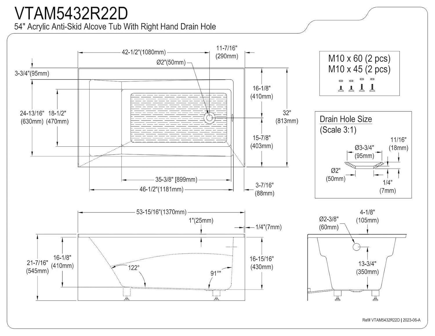 Kingston Brass Aqua Eden 54-Inch Acrylic Rectangular 3-Wall Alcove Tub, Hand Drain and Anti-Skid Surface