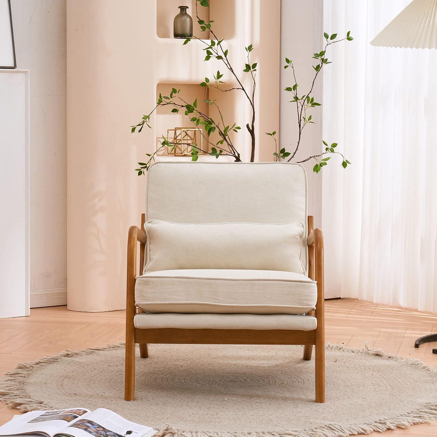 JULY'S SONG Mid-Century Wood Upholstered Fabric Solid Print Armchair, Beige (Set of 2)