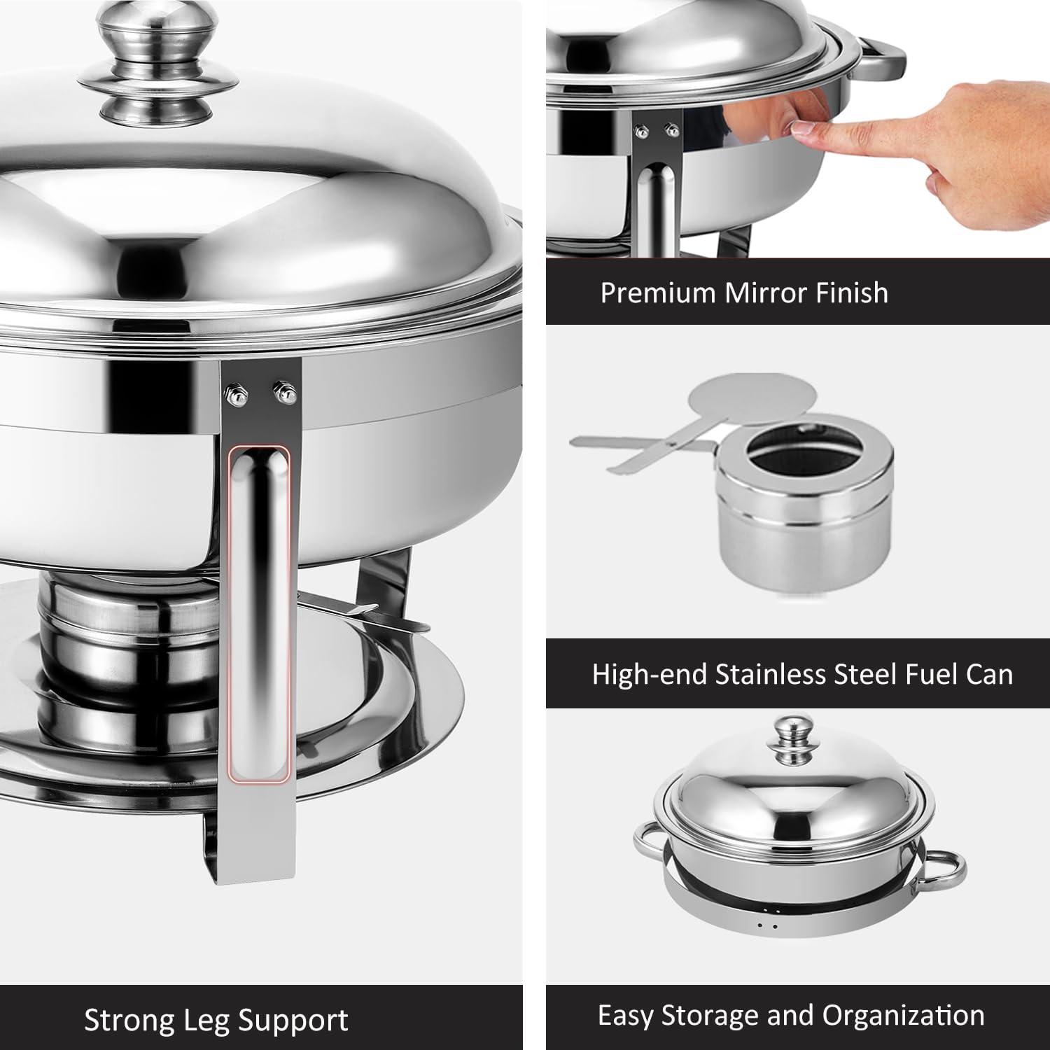 Round Stainless Steel Chafing Dish Set with Glass Lid, 5-Quart, Silver, Set of 4