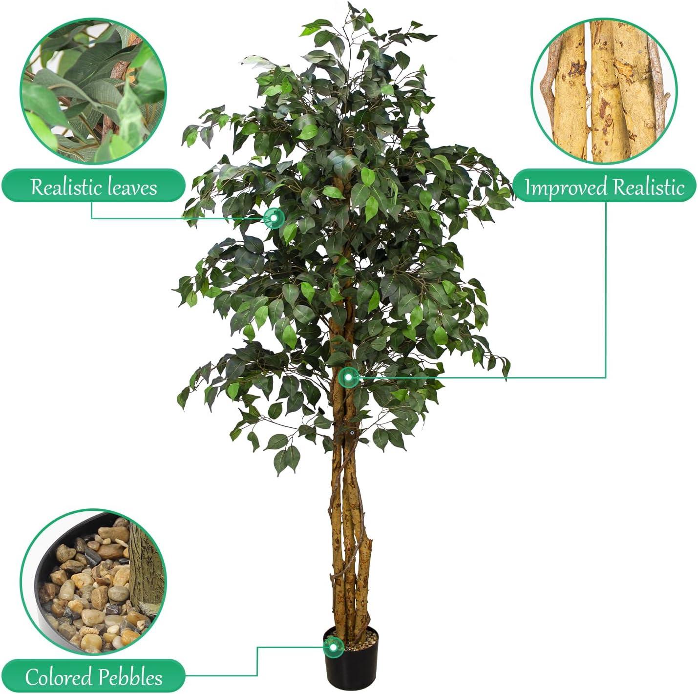 EPESTOEC 6.2FT Artificial Ficus Silk Tree (75in) with Plastic Nursery Pot, Fake Plant for Living Room Balcony Corner Decor,Indoor-Outdoor Use, 75 Inch C38