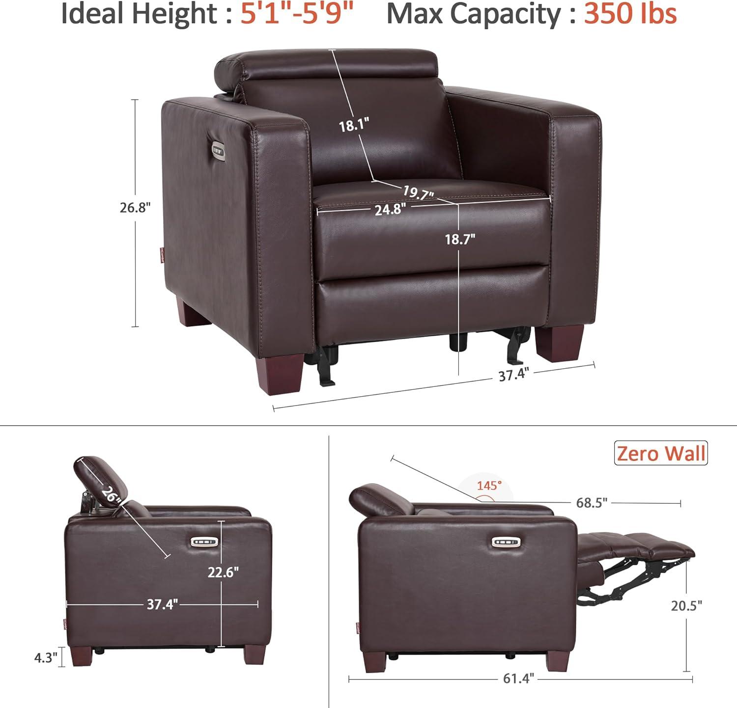 MCombo Wall-Hugger High Leg Power Recliner Chair with Adjustable Headrest and USB&Type C Dual Charge Ports for Living Room, Office, and Small Spaces, HL128 (Faux Leather, Brown)