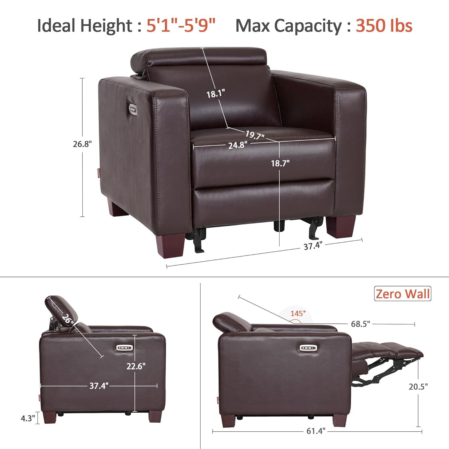 MCombo Wall-Hugger High Leg Power Recliner Chair with Adjustable Headrest and USB&Type C Dual Charge Ports for Living Room, Office, and Small Spaces, HL128 (Faux Leather, Brown)