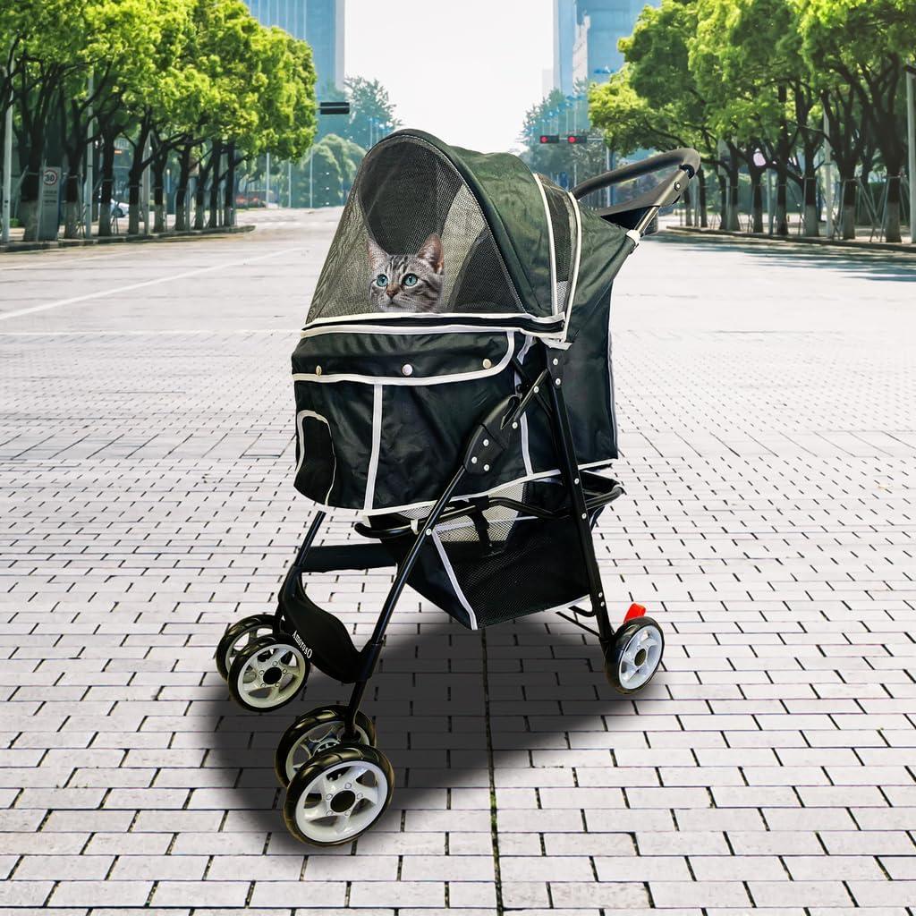 Black Polyester Pet Stroller with Storage Basket