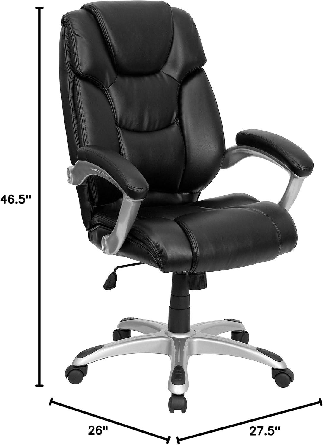 BizChair High Back Black LeatherSoft Layered Upholstered Executive Swivel Ergonomic Office Chair with Silver Nylon Base and Arms