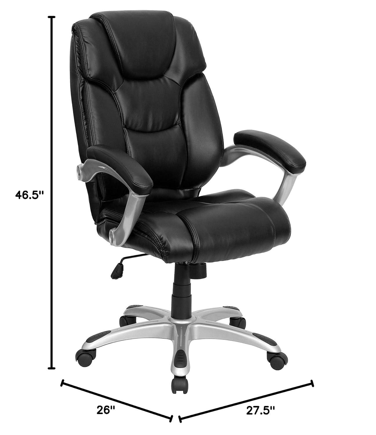 BizChair High Back Black LeatherSoft Layered Upholstered Executive Swivel Ergonomic Office Chair with Silver Nylon Base and Arms