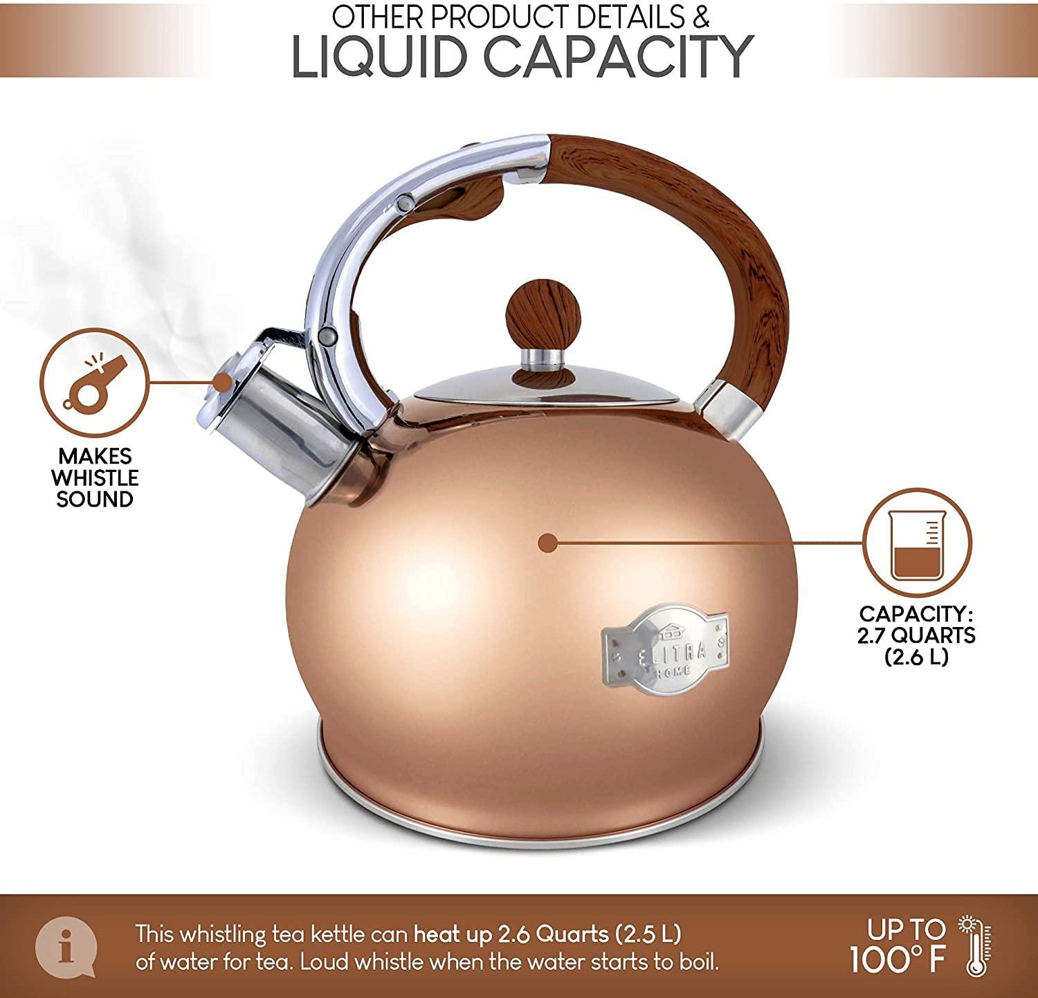 Elitra Stove Top Whistling Fancy Kettle - Stainless Steel Tea Pot with Ergonomic Handle - 2.7 Qt / 2.6 L - Rose Gold