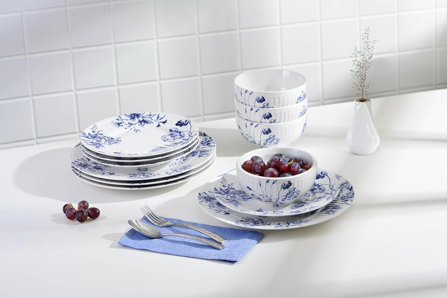 222 Fifth 222 Fifth Cassian Embossed Toile Blue Porcelain Dinnerware Set - Service For 4 (Set of 12)