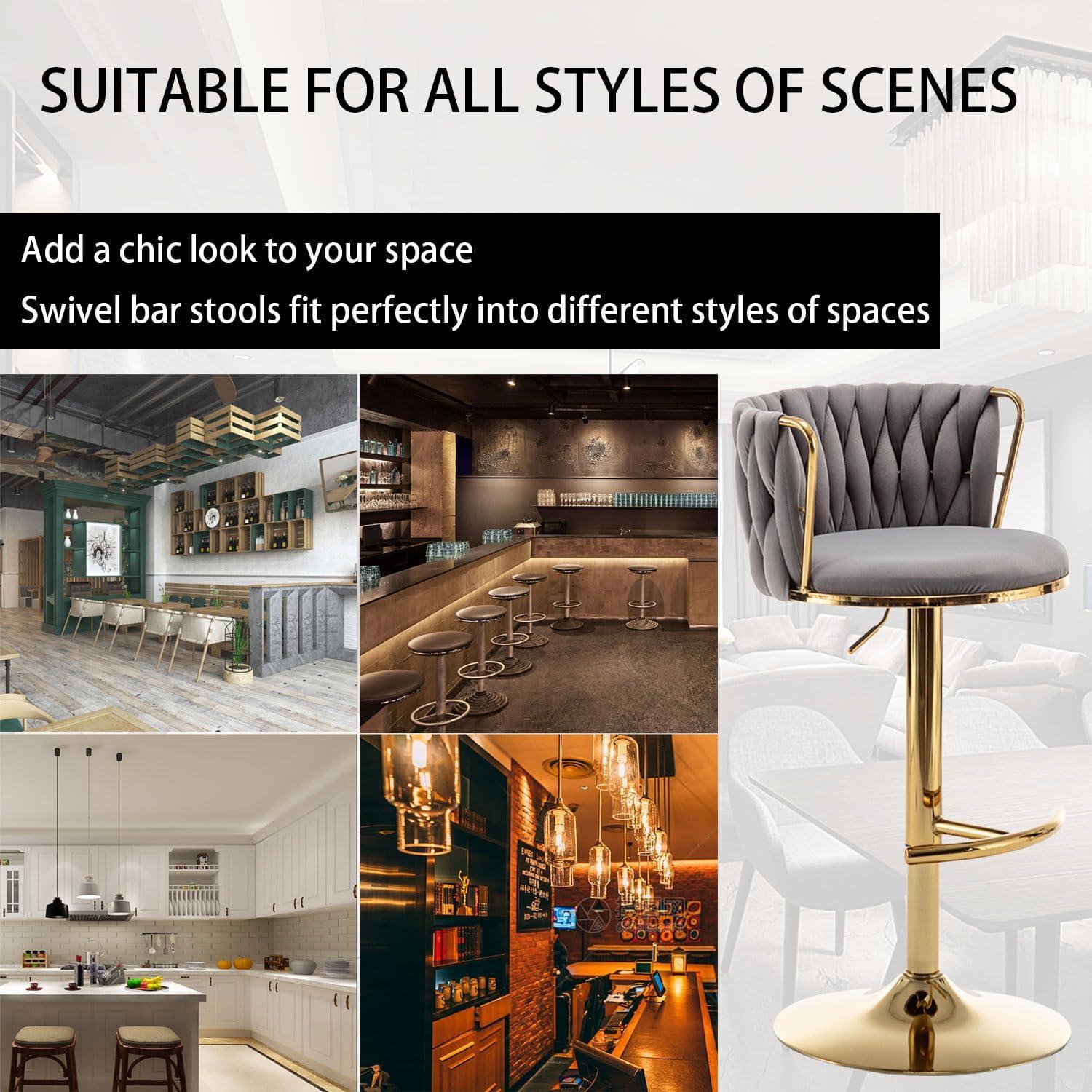 Velvet Bar Stools Set of 2, Counter Height Bar Stools with Low Back, Gold Swivel Barstools for Kitchen Island, Bar Pub (Grey)