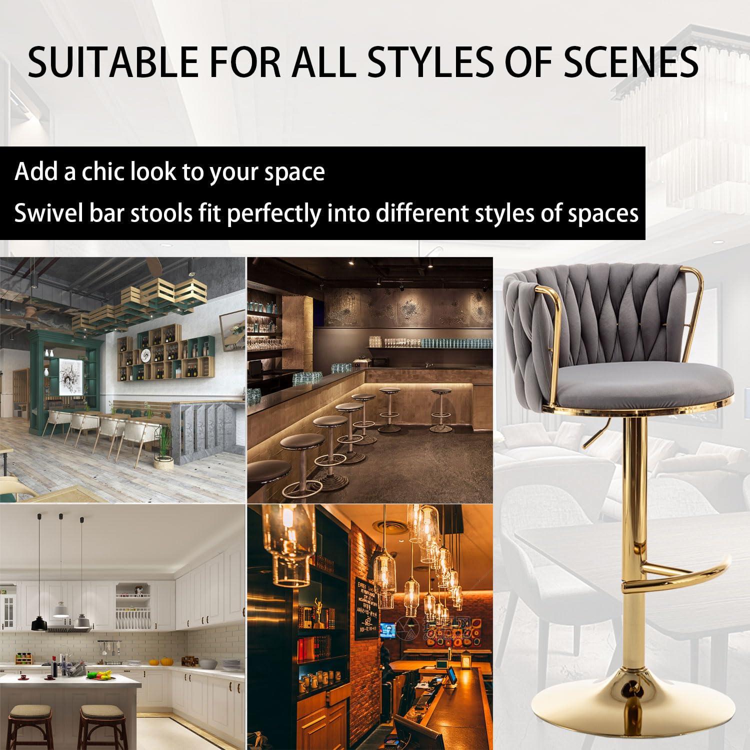 Velvet Bar Stools Set of 2, Counter Height Bar Stools with Low Back, Gold Swivel Barstools for Kitchen Island, Bar Pub (Grey)