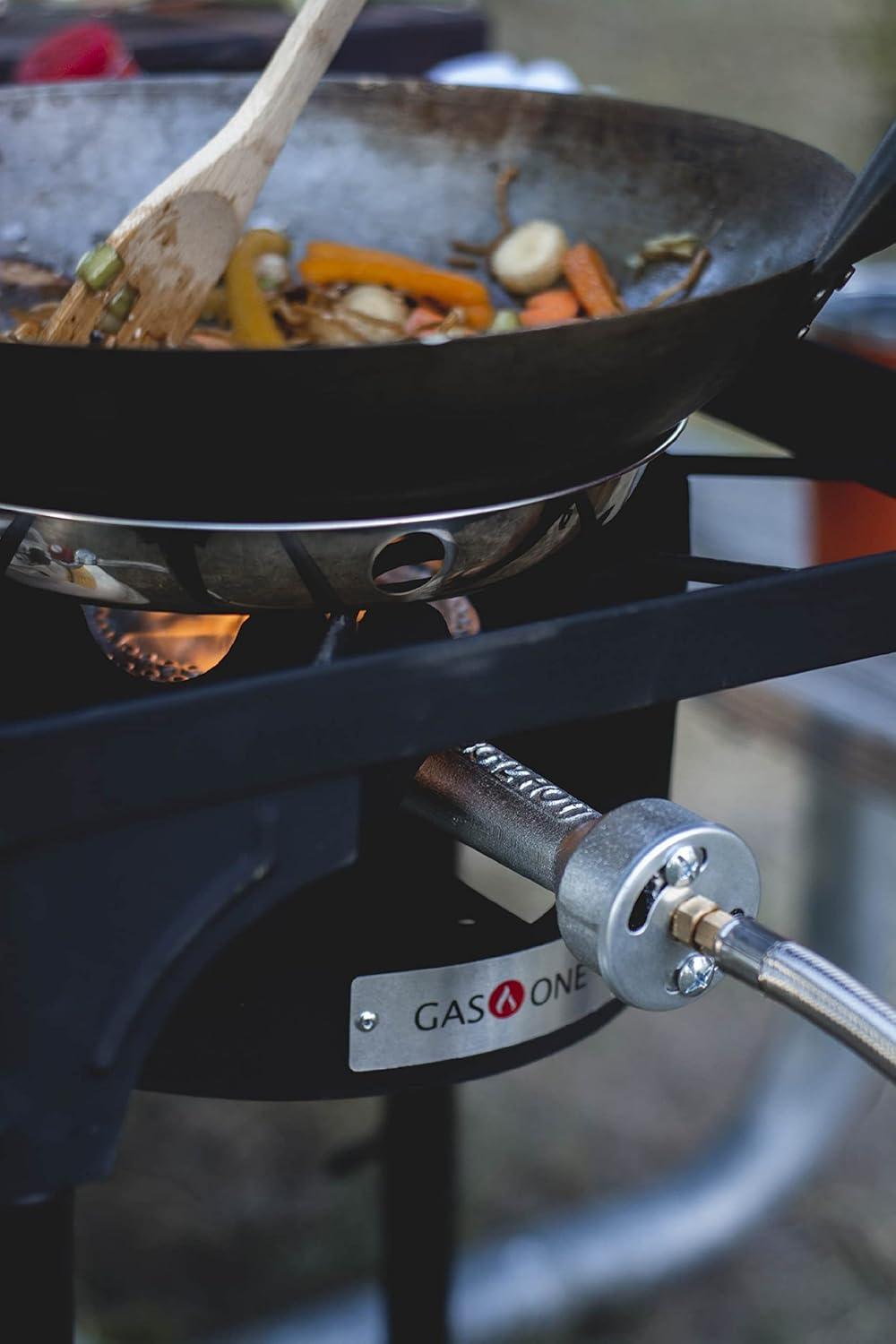 GasOne Propane Single Burner Camp Stove & Red QCC Braided Stainless Steel Regulator with Height