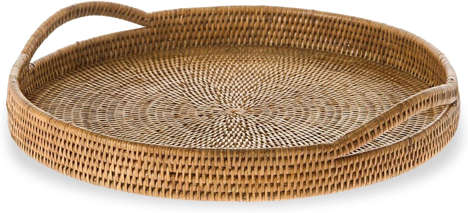 Kouboo La Jolla Round Serving Tray, Serving Tray With Handles, Hosting Tray, Party Tray, Ottoman Tray, Grill, Fruit, Display Tray, Honey Brown