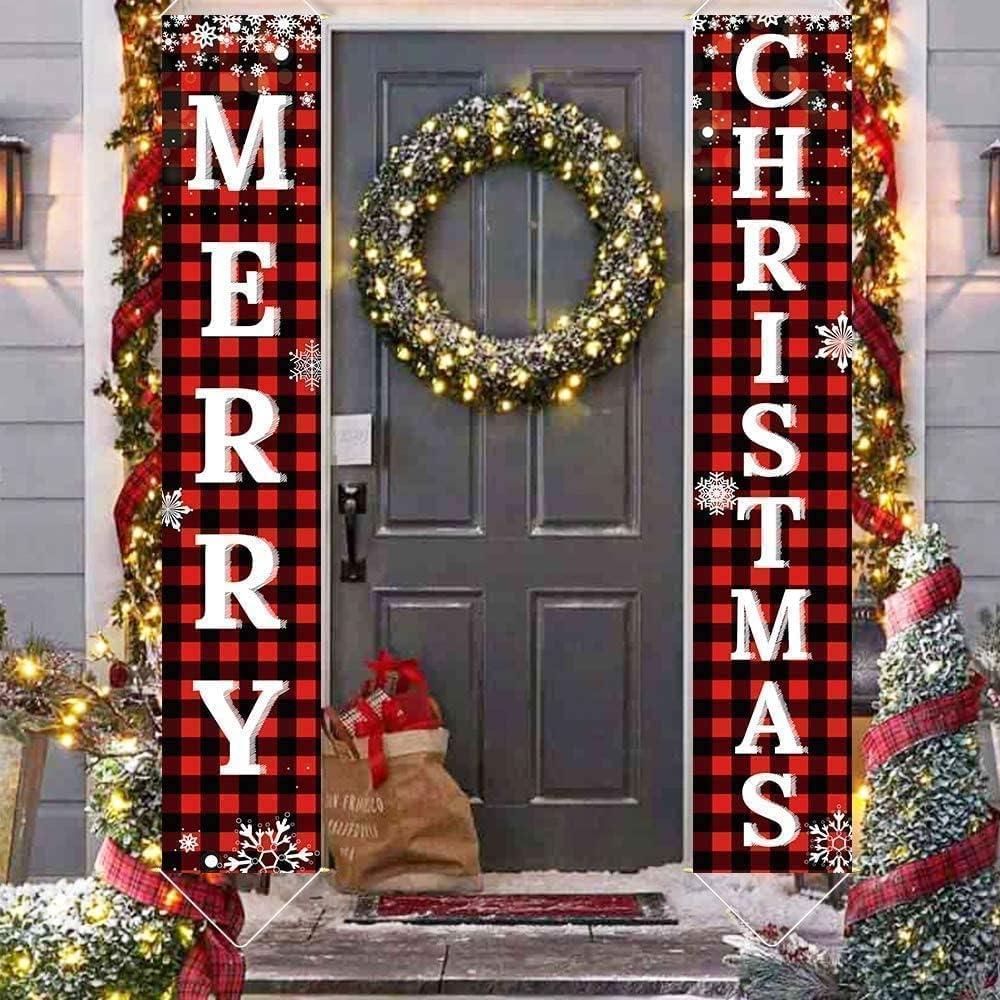 Christmas Decorations Outdoor Yard Front Porch Sign Set, Red Black Buffalo Plaid Door Banner, Hanging Merry Christmas Decorations for Home, Indoor Outdoor Xmas Decor Wall Front Door Yard Garage