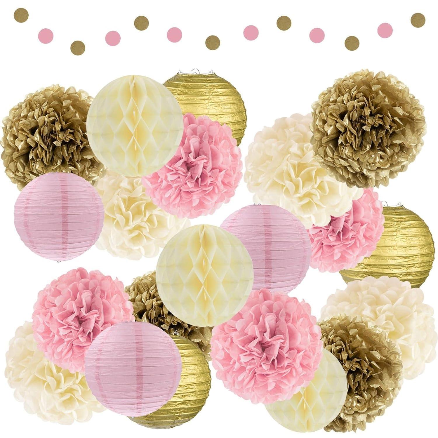EpiqueOne 22pc Pink, Gold, and Ivory Decorative Party Decoration Kit with Paper Pom Poms and Lanterns