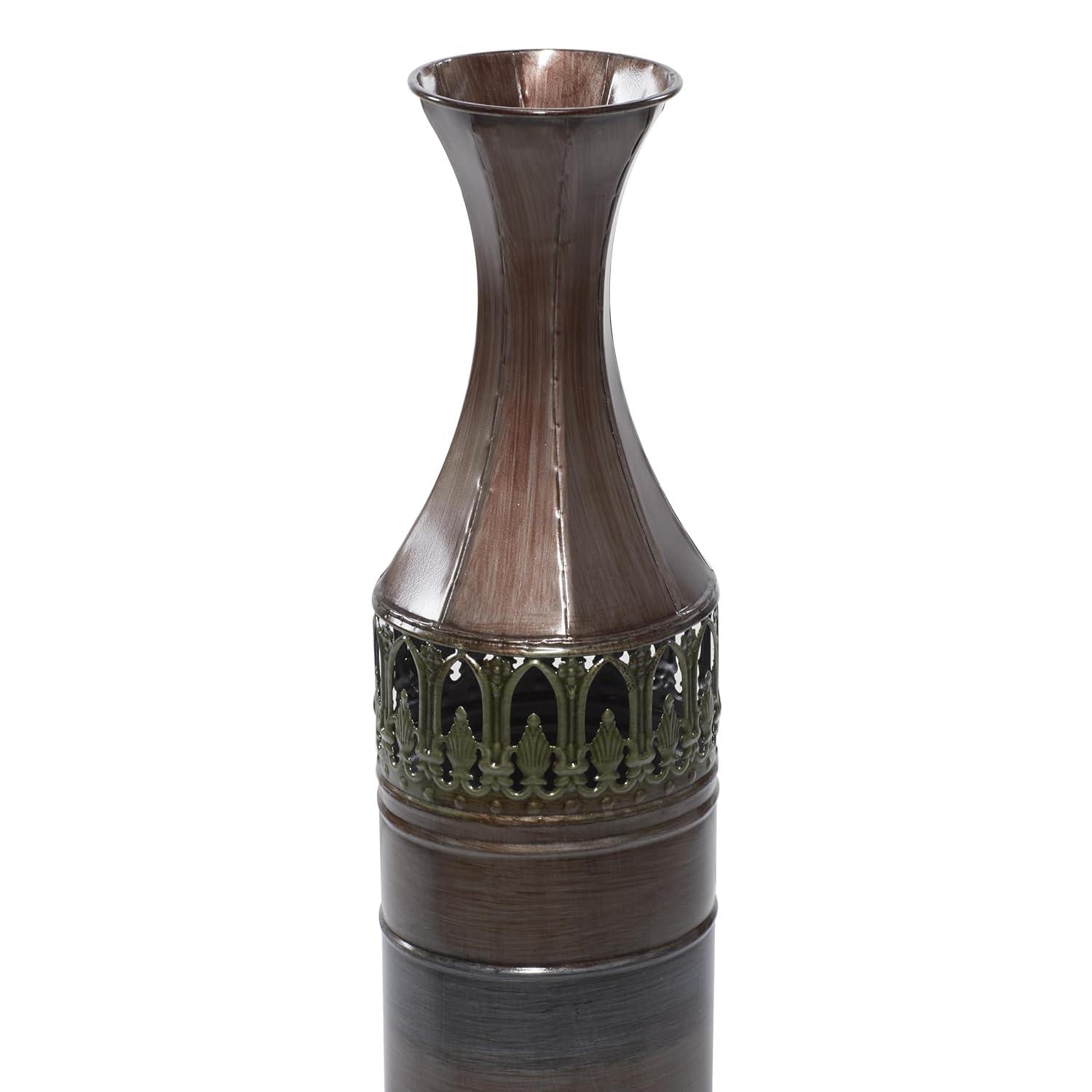 DecMode 34", 31", 28"H Tall Ombre Bronze Metal Vase with Laser Cut Antefix Design, Set of 3