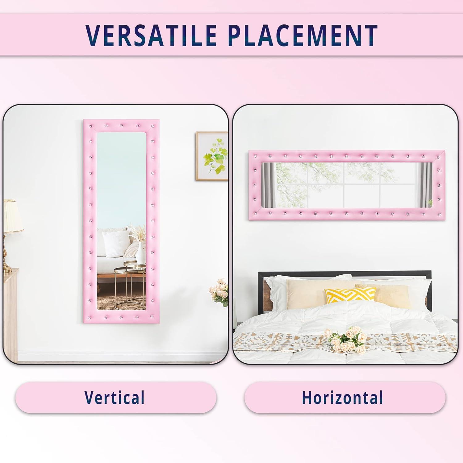 Naomi Home Crystal Tufted Floor Mirror Full Length 63 LX22 W Wall Mirror Full Length Standing Wall with Faux Wood Frame Mirrors for Bedroom - Pink