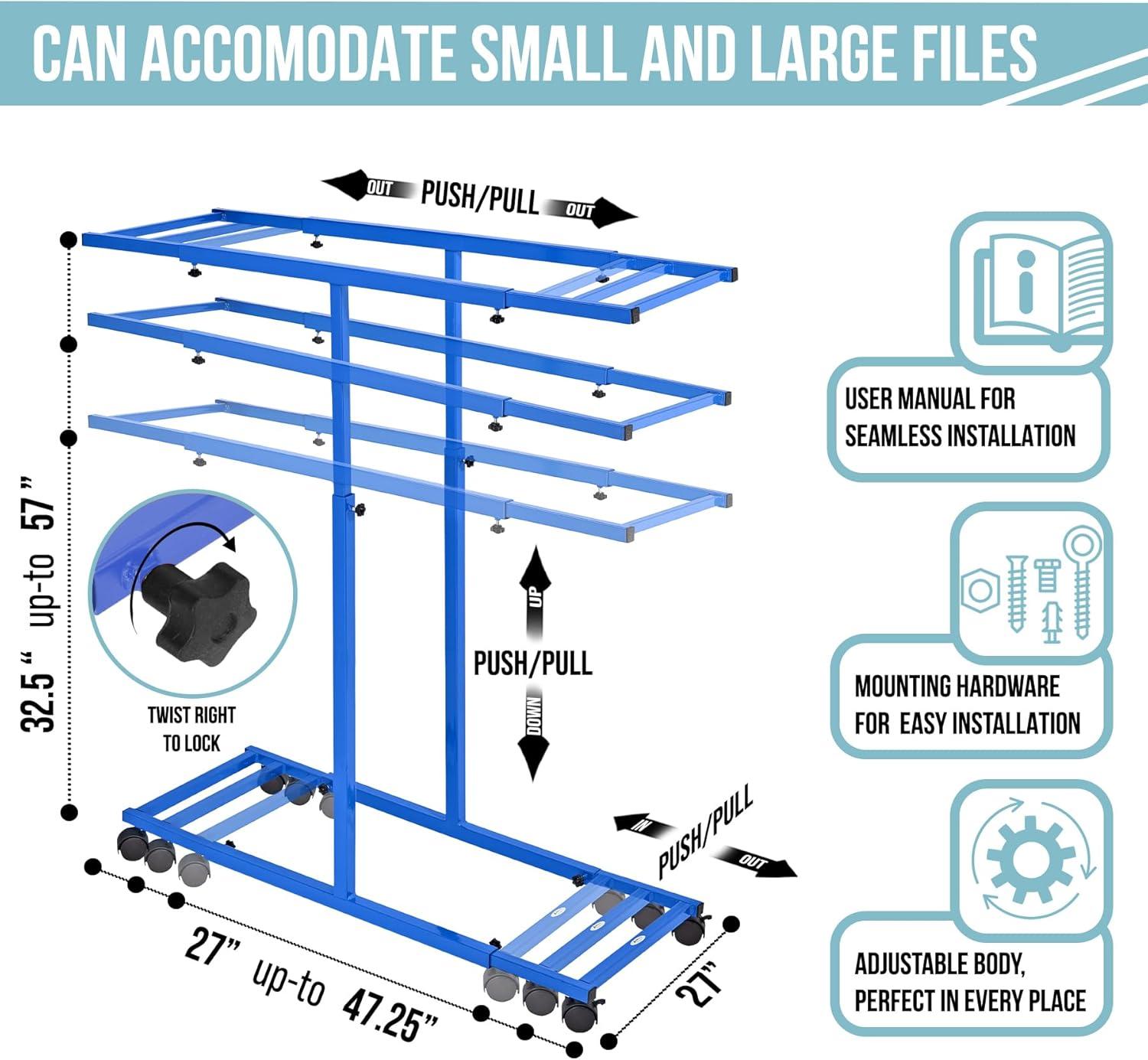 Adjustable Blue Solid Steel Mobile Blueprint Rack with Casters