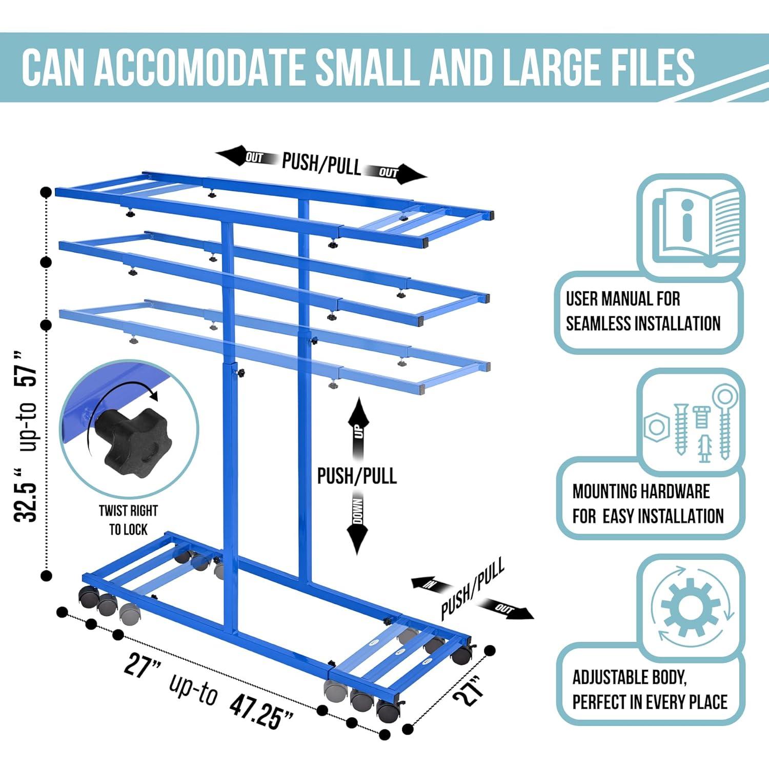 Adjustable Blue Solid Steel Mobile Blueprint Rack with Casters