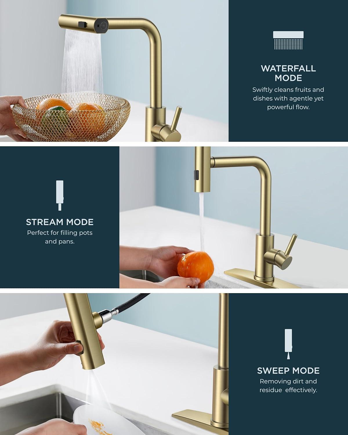 Kitchen Faucets with Pull Down Sprayer, Brushed Gold Waterfall Kitchen Sink Faucet with Soap Dispenser, Single Hole Stainless Steel Kitchen Faucet, Modern Single Handle Pull Out Kitchen Faucet