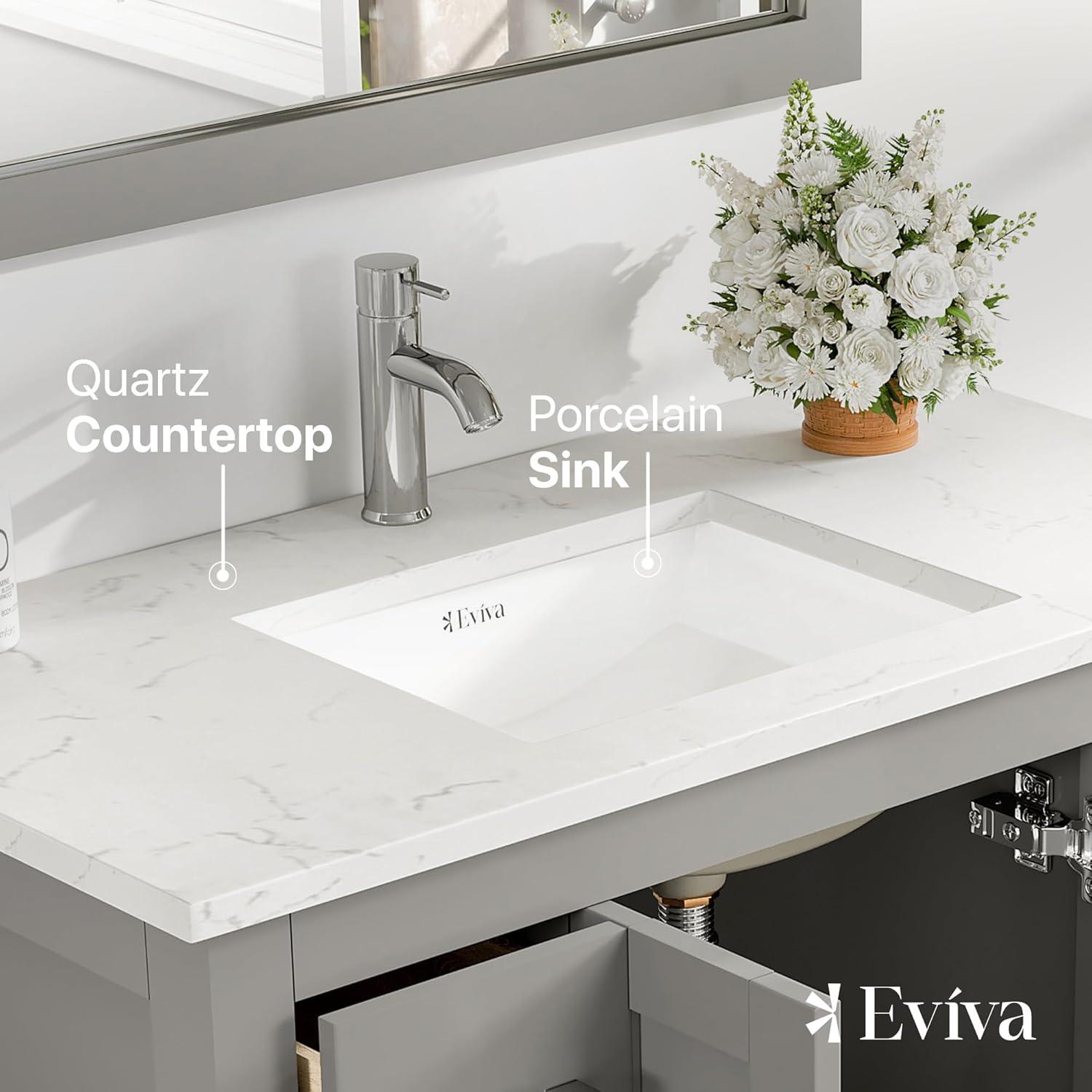 Eviva Hampton 36" Gray Transitional Bathroom Vanity w/ White Carrara Top