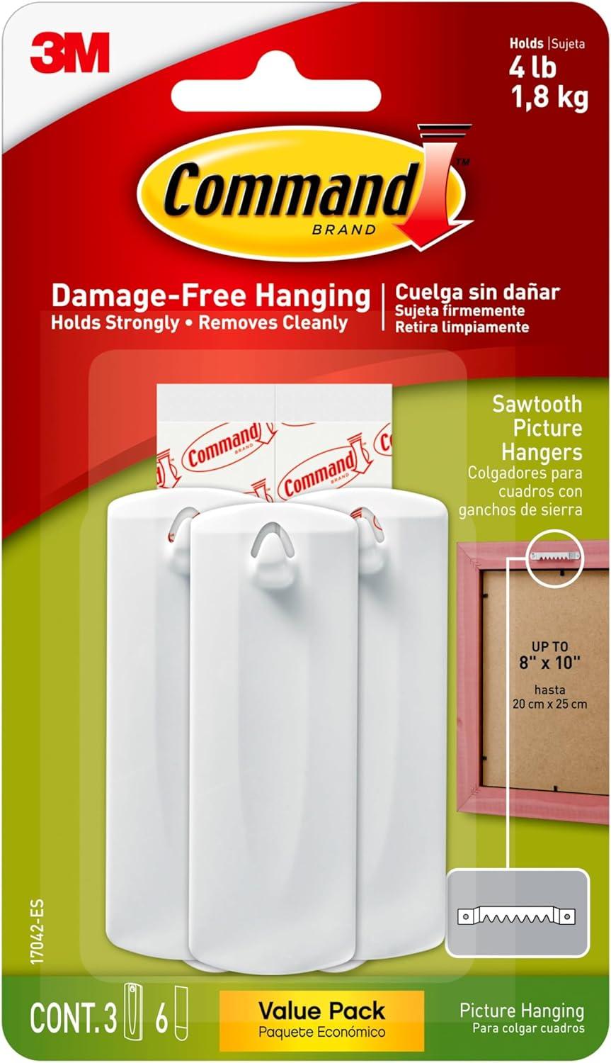Command Sawtooth Picture Hanger, White, 3 Hangers, 6 Strips Per Pack