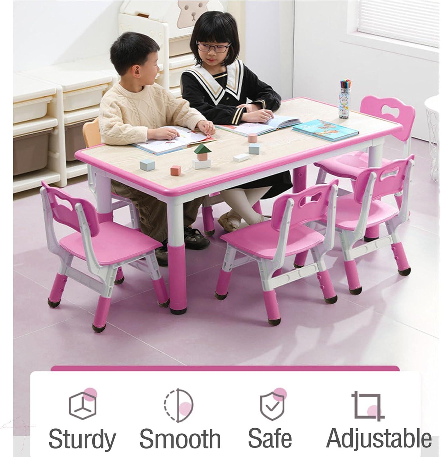 Kids Table and Chairs Set, Height Adjustable Desk With 6 Seats for Ages 2-10,Arts & Crafts Table,Graffiti Desktop, Non-Slip Legs, Max 300lbs, Children Multi-Activity Table for Classrooms,Daycares,Home