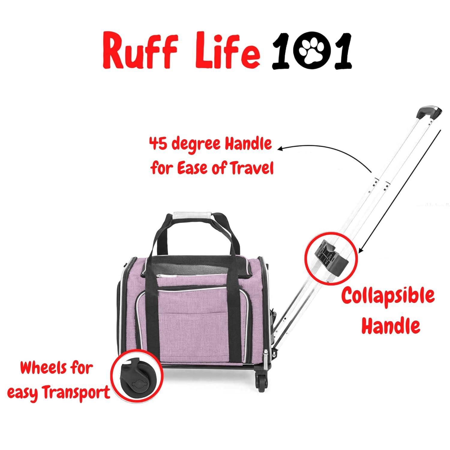 Ruff Life Airline Approved Expandable Premium Pet Carrier on Wheels- Two Sided Expandable Rolling Carrier- Designed for Dogs & Cats- Extra Spacious Soft Lined Carrier! - Pink