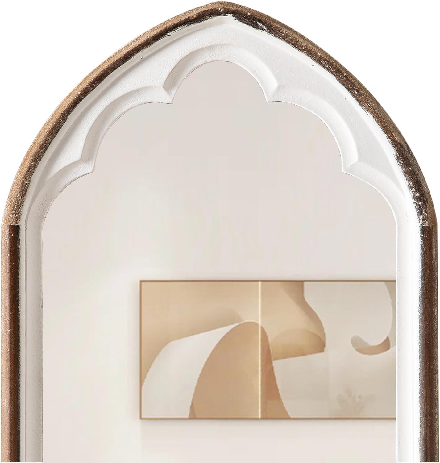 Farmhouse Wooden Arched Mirrors for Wall 13 X 24 Inch, Hanging Distressed White Carved Wood Framed Arch Mirror, Rustic Decorative Mirrors for Living Room Entryway Fireplace Bathroom