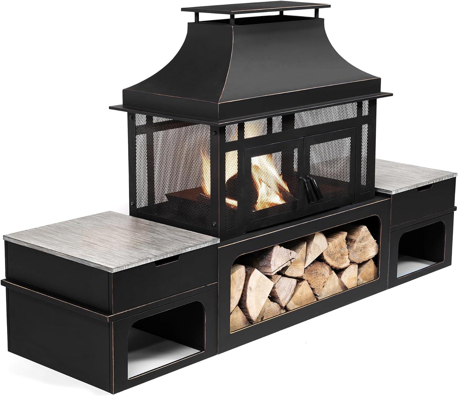 Rimasco 80-Inch Black Wood Burning Fire Pit with Storage