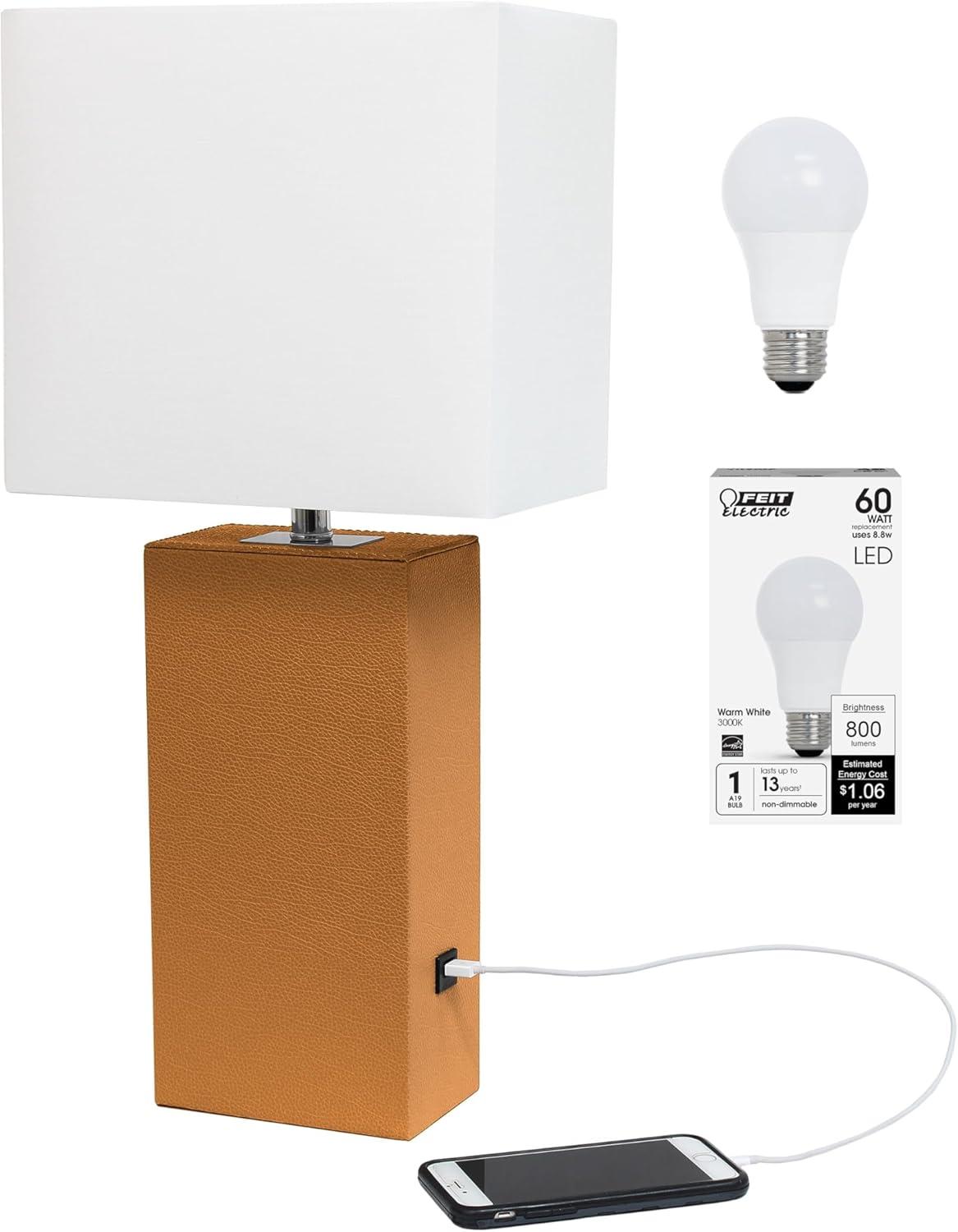 21" Lexington Leather Base Modern Home Decor Bedside Table Lamp with USB Charging Port and Fabric Shade Tan/White - Lalia Home: No Assembly