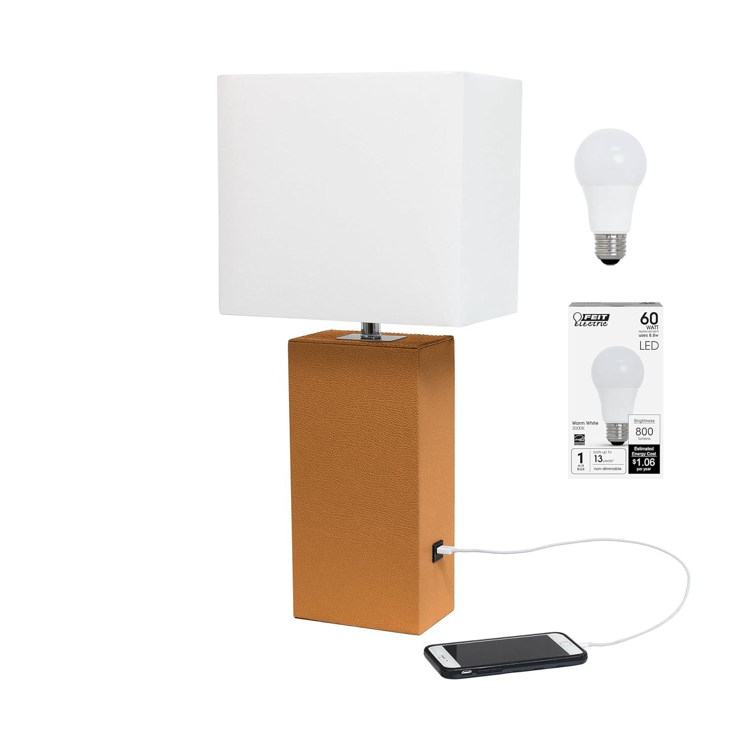 21" Lexington Leather Base Modern Home Decor Bedside Table Lamp with USB Charging Port and Fabric Shade Tan/White - Lalia Home: No Assembly