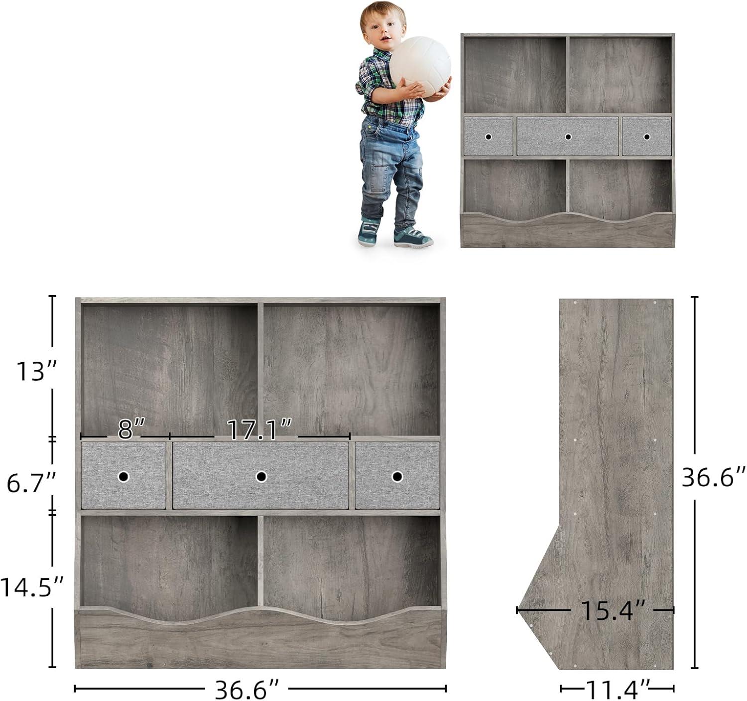 3-Tier Kids Bookshelf, Toy Storage Organizer with 3 Drawers,Wooden Bookcase with Large Toy Storage Cabinet for Playroom