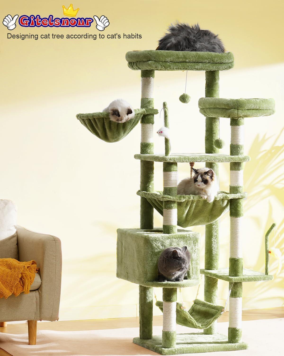 63" Cat Tree For Large Breeds - Spacious Platforms, Hammock, Sisal Scratching Posts & Cat Condo, Indoor Use