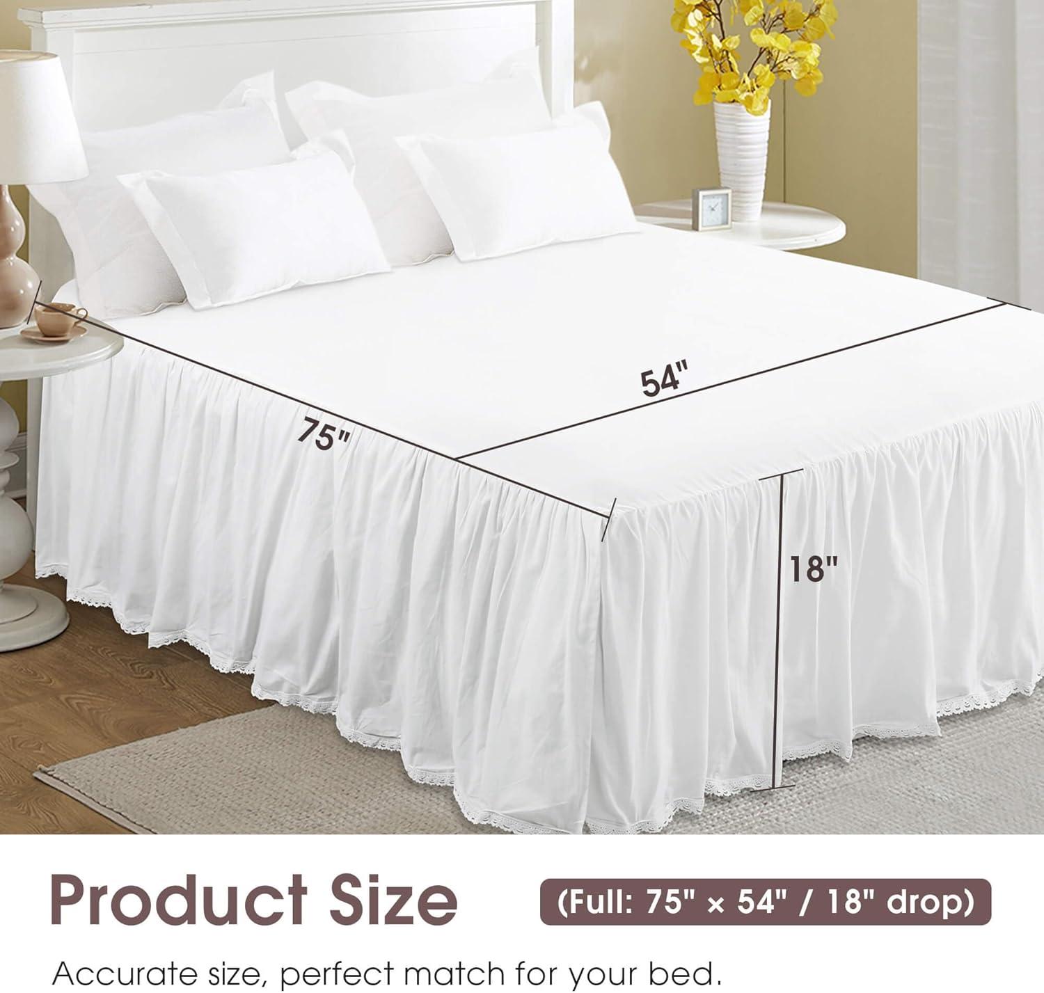 100% Lightweight Cotton Bed Skirt, Full Size 18" Drop, Crochet Edge, White Dust Ruffle, 3 Sides with Split Corners, French Romantic Style