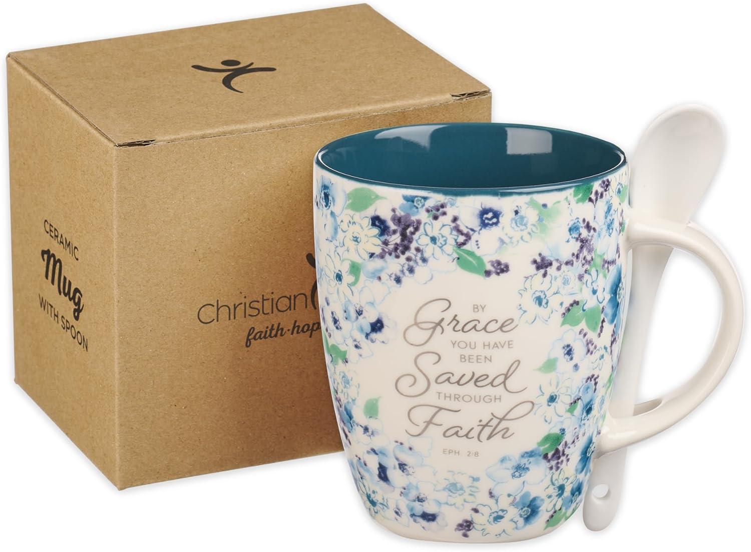 Christian Art Gifts Coffee and Tea Mug with Ceramic Spoon Set for Women: By Grace You Have Been Saved - Ephesians 2:8 Encouraging Bible Verse for Hot & Cold Beverages, Navy Blue/White Floral, 12 oz.