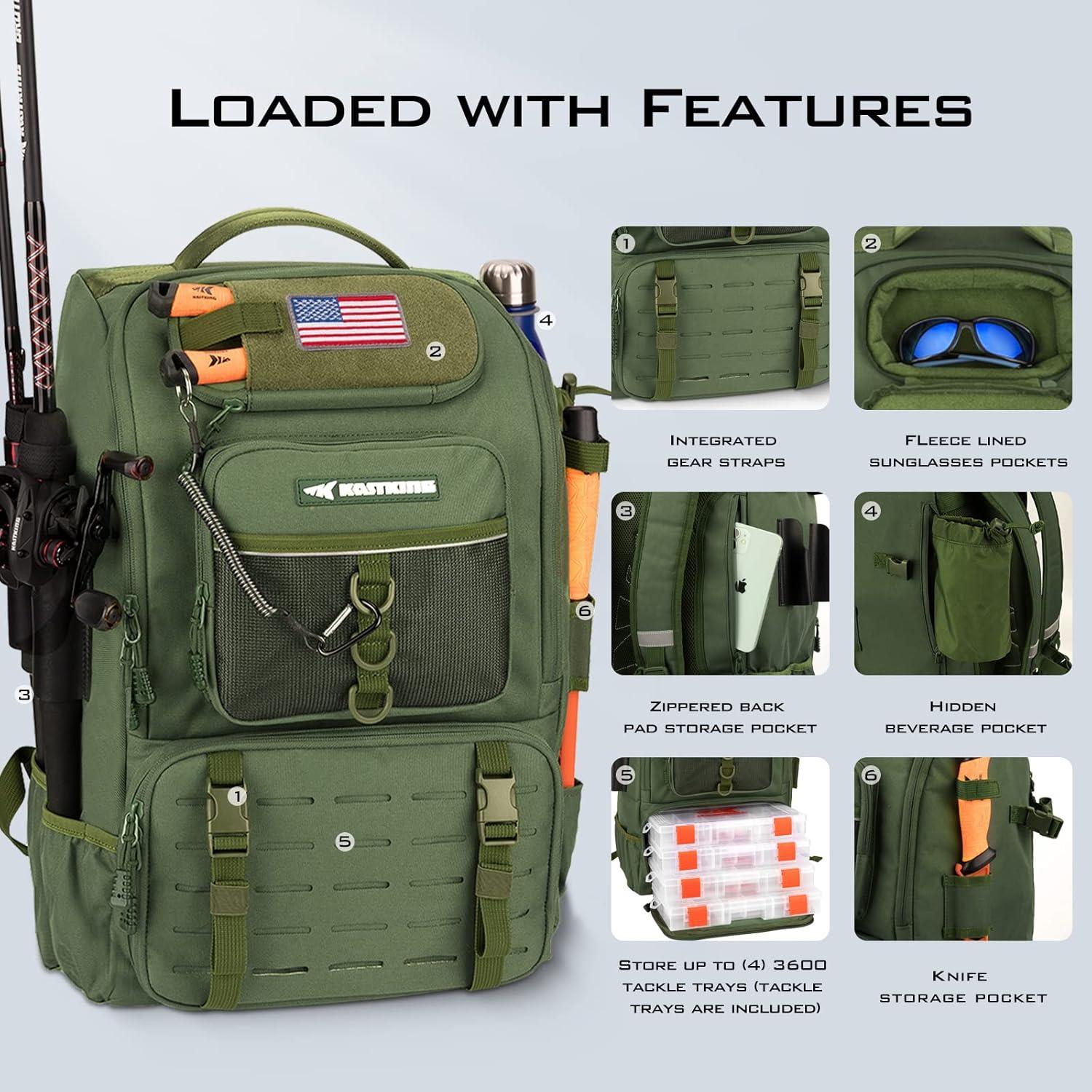 KastKing Fishing Tackle Backpack with Rod Holders 4 Tackle Boxes,Fishing Bag Storage Fishing Gear and Equipment- Green