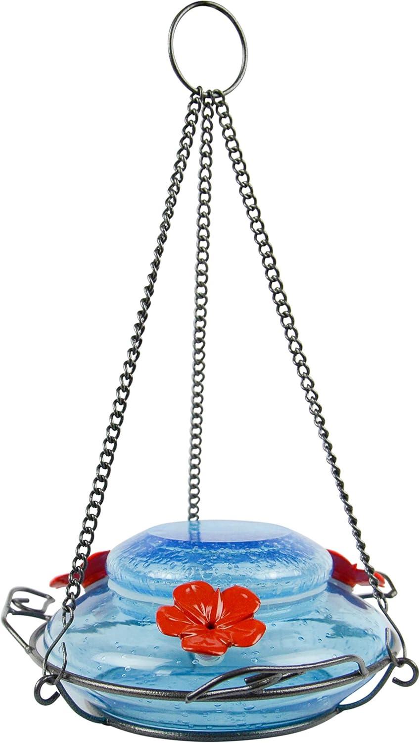 Hand Blown Blue Glass Hanging Hummingbird Feeder, 16 oz