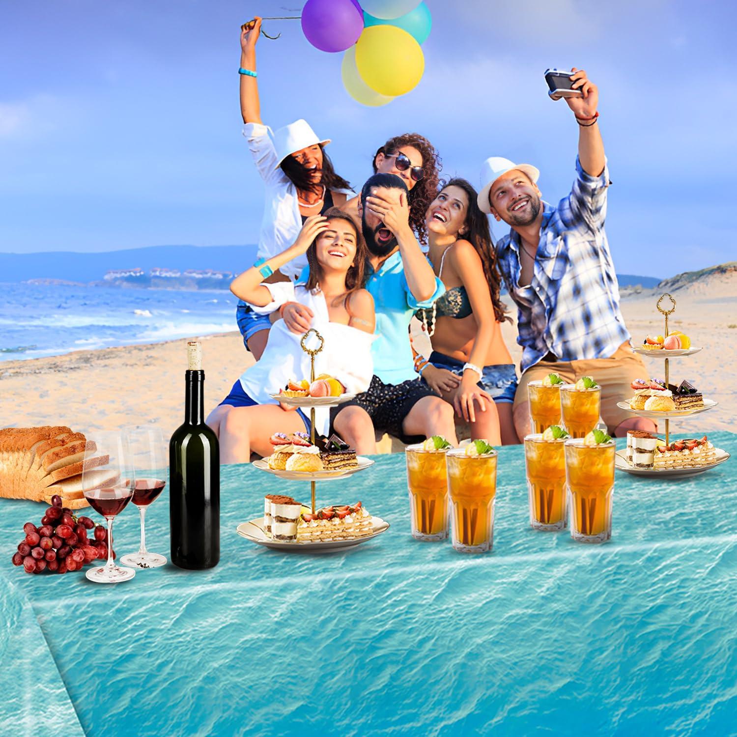 3-Piece 54 x 108 Inch Ocean Wave Plastic Tablecloth - Realistic Water Design, Disposable Rectangle Table Cover for Dining, Picnic, Beach Party, Sea Theme, Pool Party, Summer Indoor Outdoor Decoration