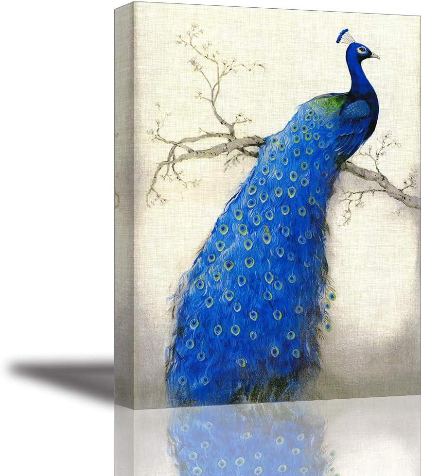 Peacock Wall Art Decor for Bedroom, PIY Beautiful Oil Painting Canvas Prints, Elegant Proud Peacock on Beige Pictures (Waterproof Artwork, Ready to Hang, 16x12)